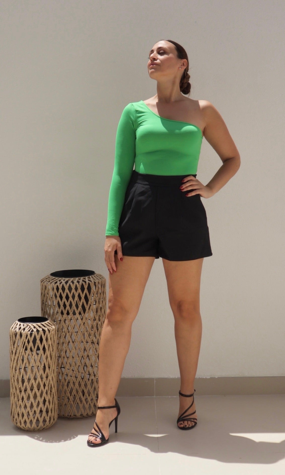 Female model wearing Georgia One Shoulder Top - Green- showcasing the latest ladies fashion with free delivery 