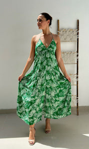 Female model wearing Felicity Beaded Halter Dress - Green- showcasing the latest ladies fashion with free delivery 