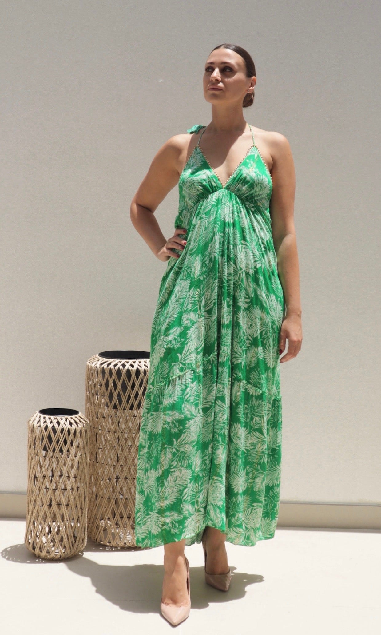 Female model wearing Felicity Beaded Halter Dress - Green- showcasing the latest ladies fashion with free delivery 