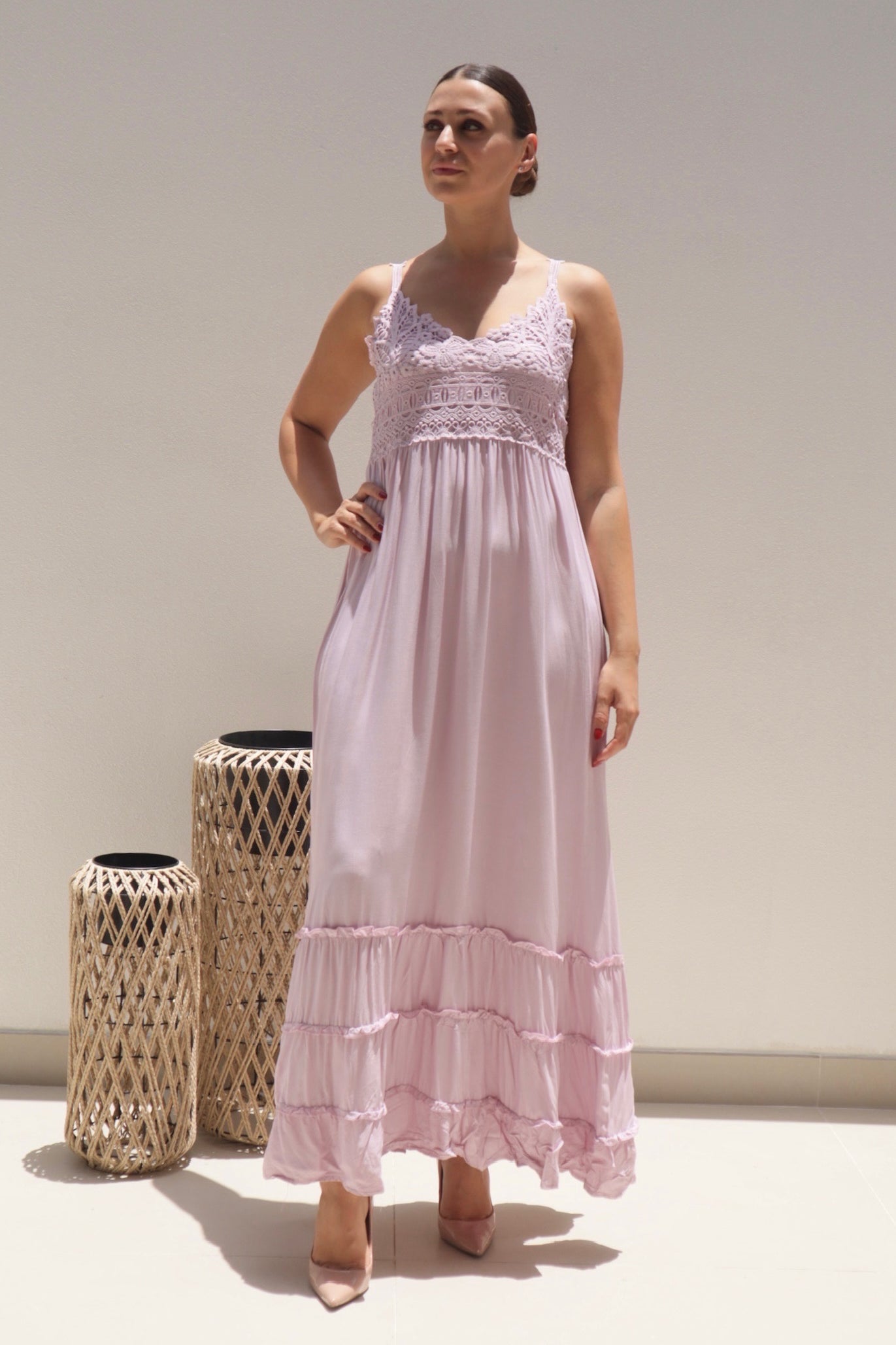 Female model wearing Abigail Lace Maxi Dress - Blush- showcasing the latest ladies fashion with free delivery 