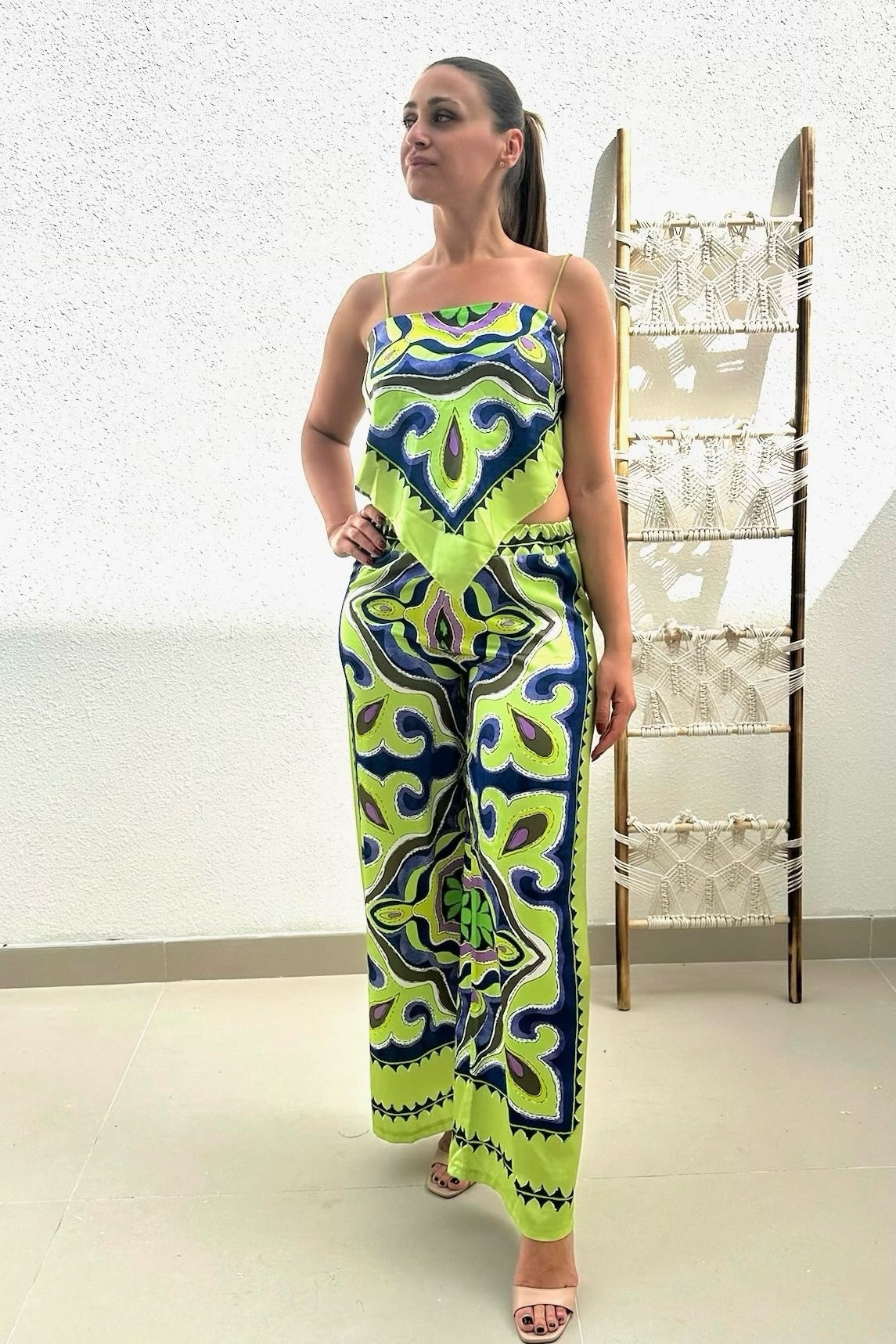 Female model wearing Kira Co-ord - Lime- showcasing the latest ladies fashion with free delivery 