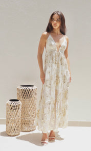 Female model wearing Sahara Cross Back Maxi Dress - Cream / Gold- showcasing the latest ladies fashion with free delivery 