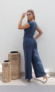 Female model wearing Lucy Drape Tie Co-ord - Denim- showcasing the latest ladies fashion with free delivery 