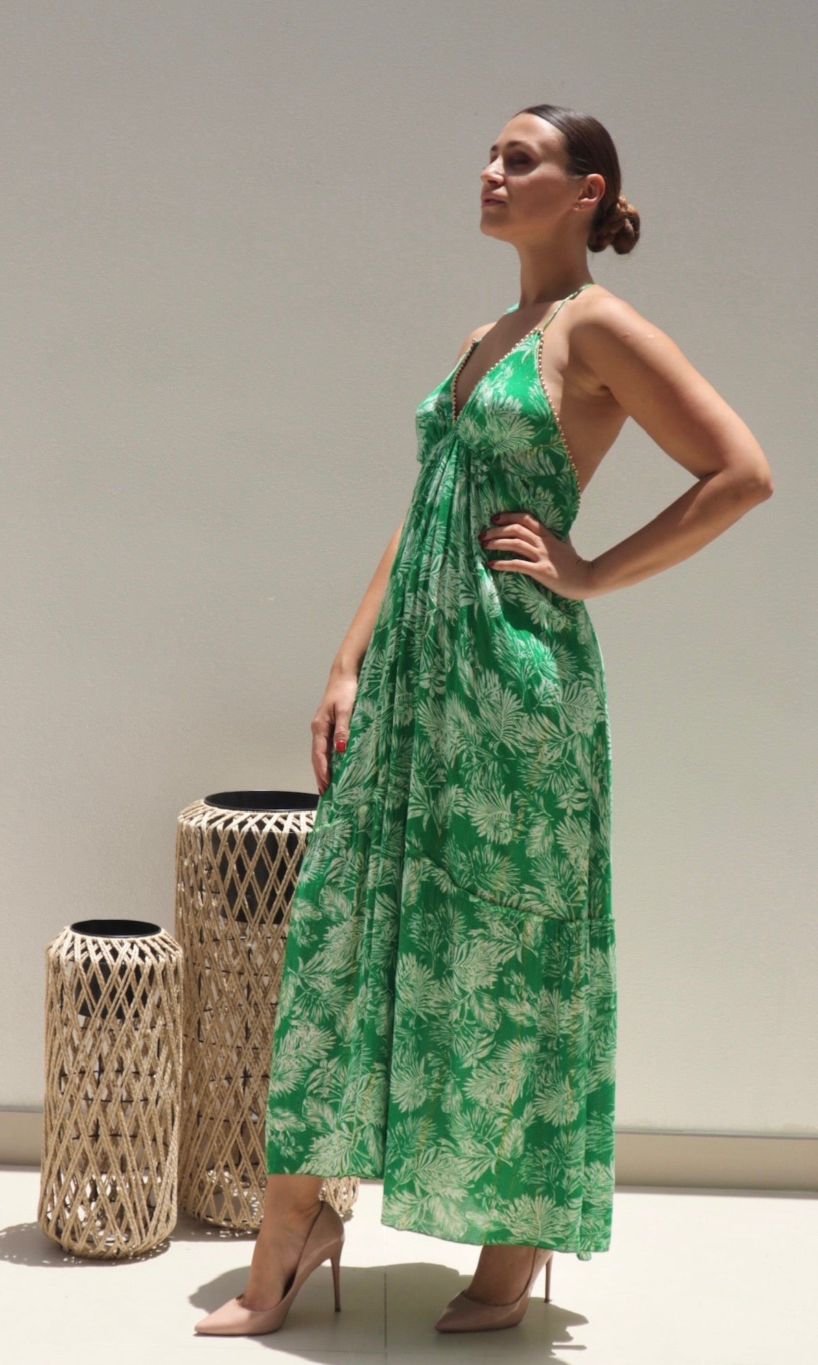 Female model wearing Felicity Beaded Halter Dress - Green- showcasing the latest ladies fashion with free delivery 