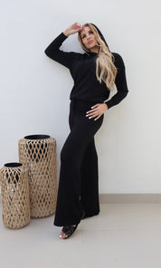 Female model wearing Bonnie Knitted Lounge Suit - Black- showcasing the latest ladies fashion with free delivery 