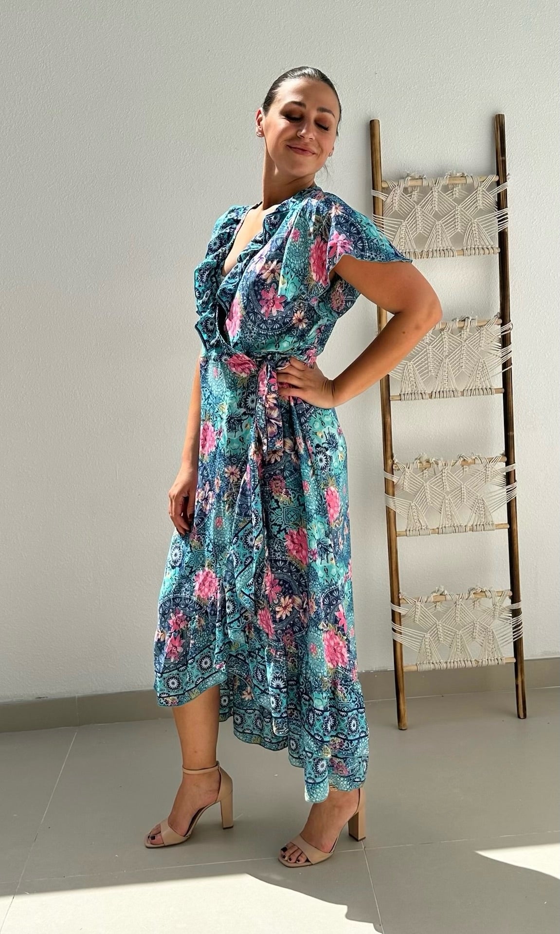 Female model wearing Maria Frill Wrap Maxi - Aqua / Pink- showcasing the latest ladies fashion with free delivery 