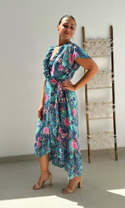 Female model wearing Maria Frill Wrap Maxi - Aqua / Pink- showcasing the latest ladies fashion with free delivery 