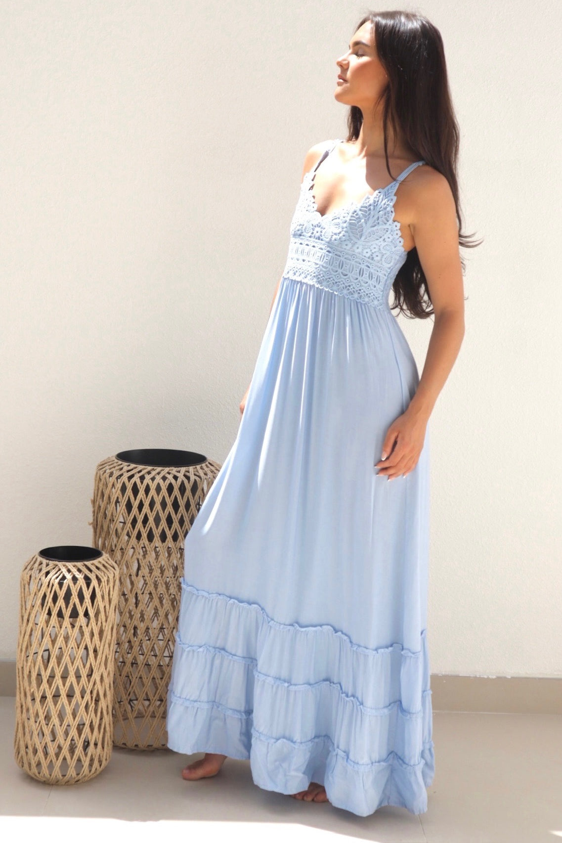 Female model wearing Abigail Lace Maxi Dress - Sky- showcasing the latest ladies fashion with free delivery 