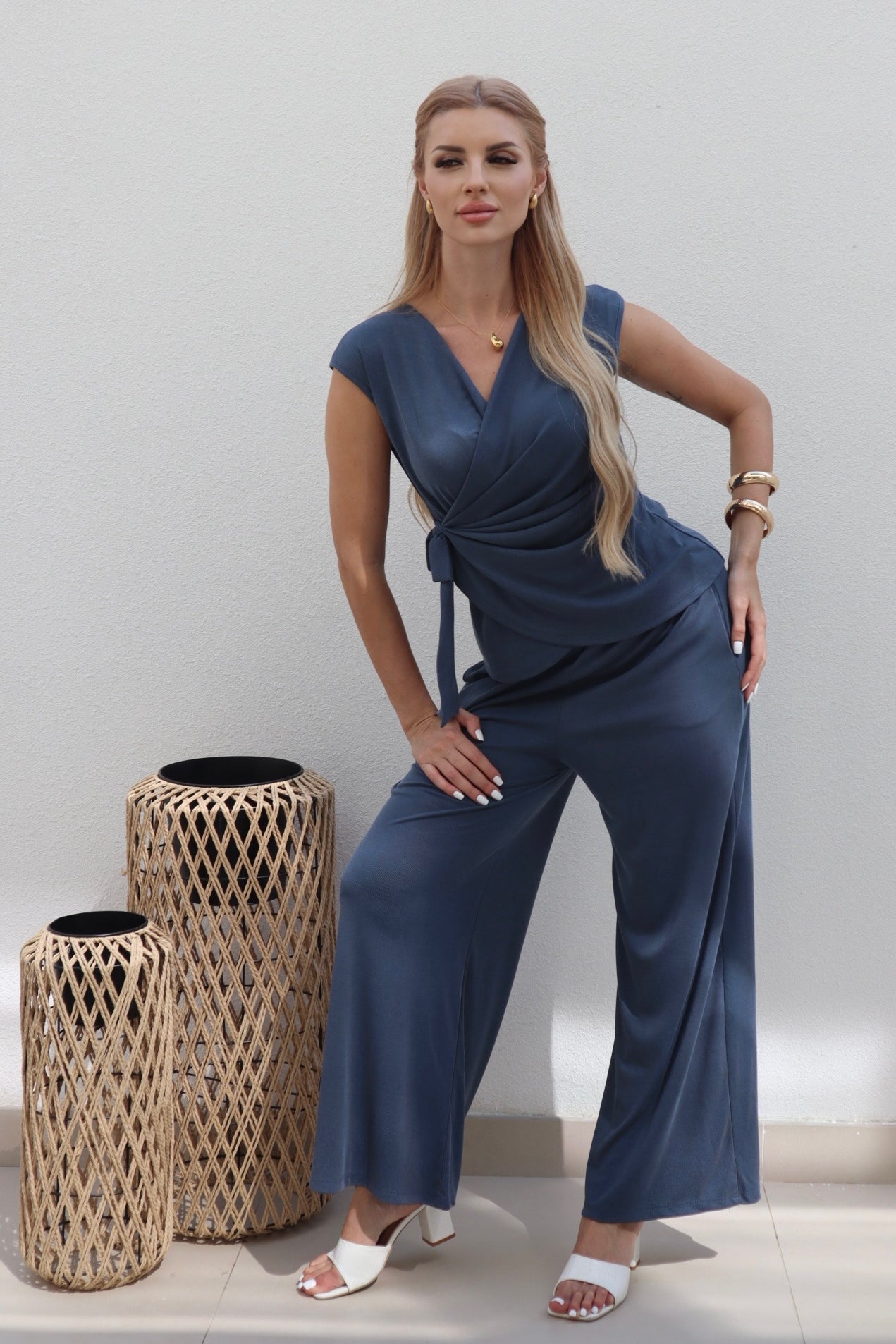 Female model wearing Lucy Drape Tie Co-ord - Denim- showcasing the latest ladies fashion with free delivery 