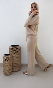 Female model wearing Bonnie Knitted Lounge Suit - Beige- showcasing the latest ladies fashion with free delivery 