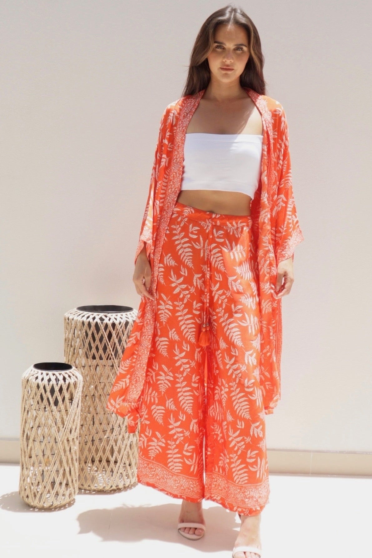 Female model wearing Octavia Kimono Co-ord - Orange- showcasing the latest ladies fashion with free delivery 