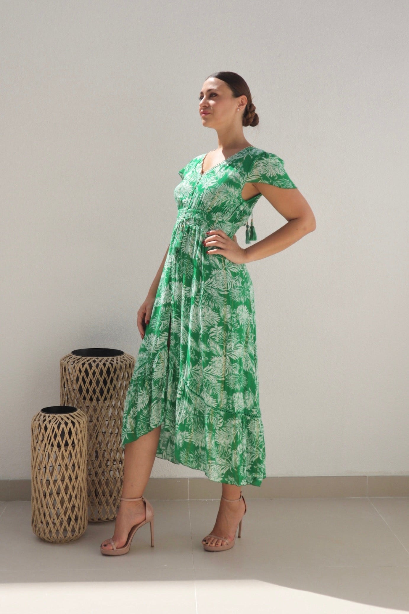 Female model wearing Annabelle Bead Edge High Low Dress - Green- showcasing the latest ladies fashion with free delivery 