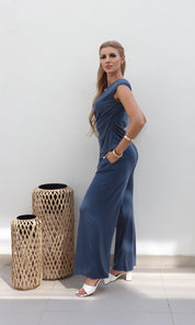 Female model wearing Lucy Drape Tie Co-ord - Denim- showcasing the latest ladies fashion with free delivery 