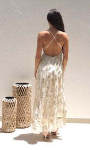 Female model wearing Sahara Cross Back Maxi Dress - Cream / Gold- showcasing the latest ladies fashion with free delivery 