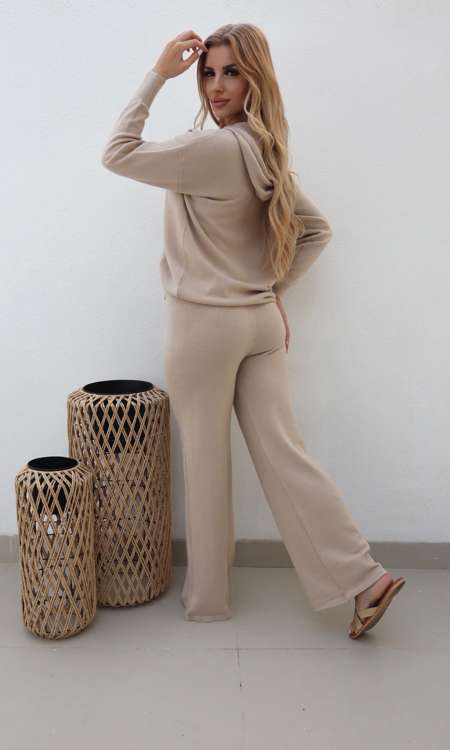 Female model wearing Bonnie Knitted Lounge Suit - Beige- showcasing the latest ladies fashion with free delivery 