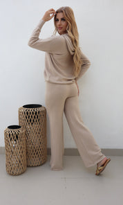 Female model wearing Bonnie Knitted Lounge Suit - Beige- showcasing the latest ladies fashion with free delivery 