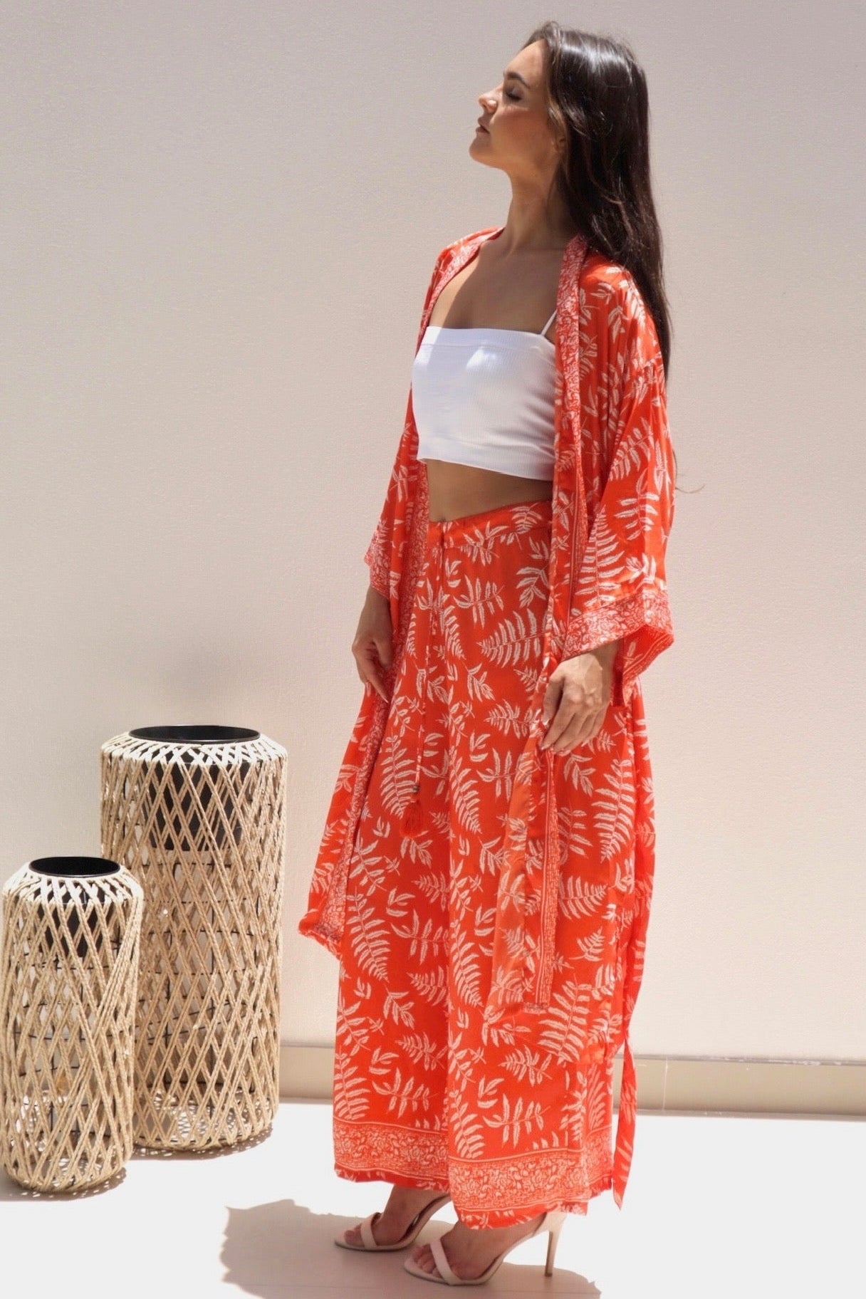 Female model wearing Octavia Kimono Co-ord - Orange- showcasing the latest ladies fashion with free delivery 