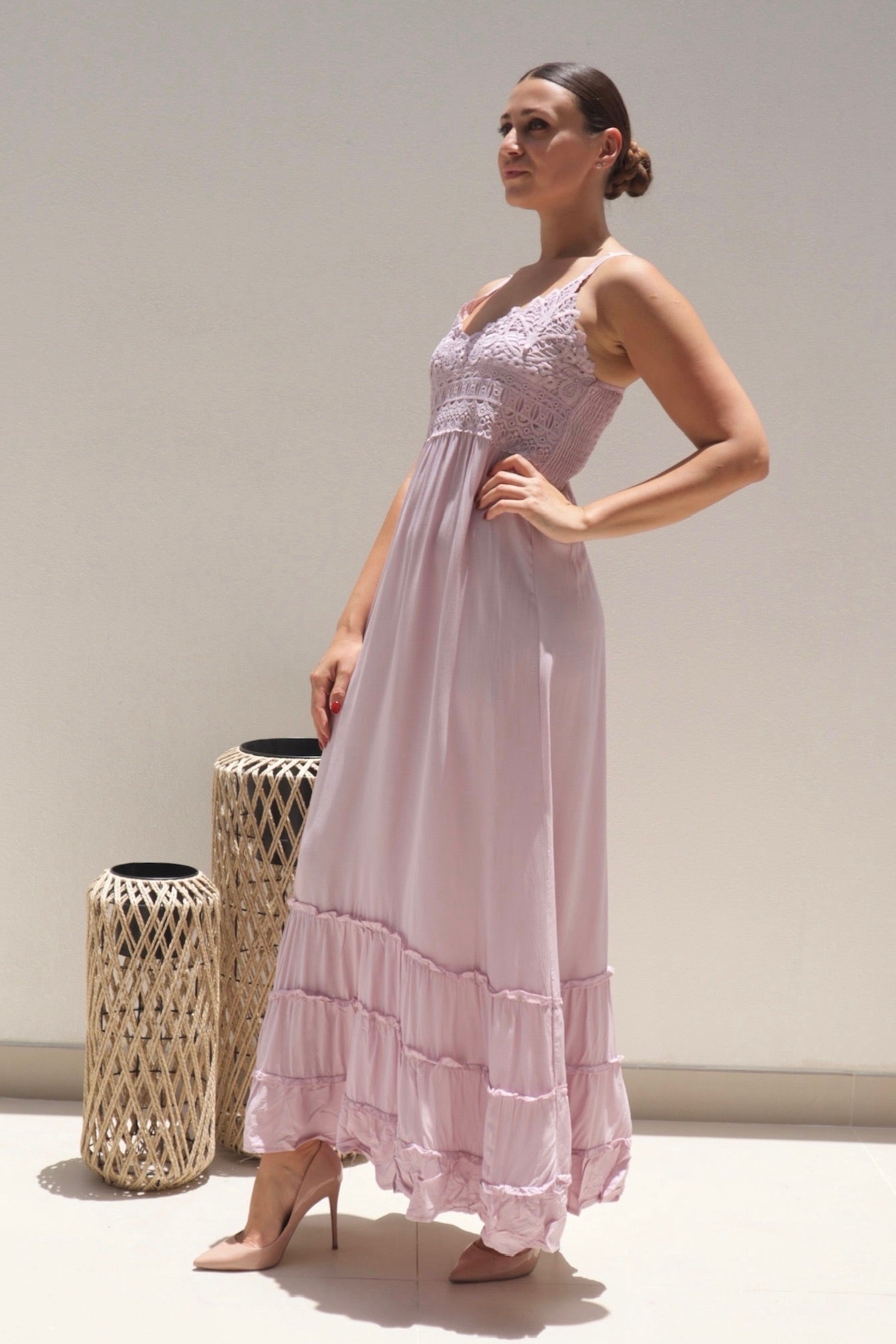 Female model wearing Abigail Lace Maxi Dress - Blush- showcasing the latest ladies fashion with free delivery 