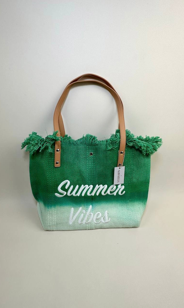 Female model wearing Summer Vibes Ombre Summer Beach Bag - Green- showcasing the latest ladies fashion with free delivery 