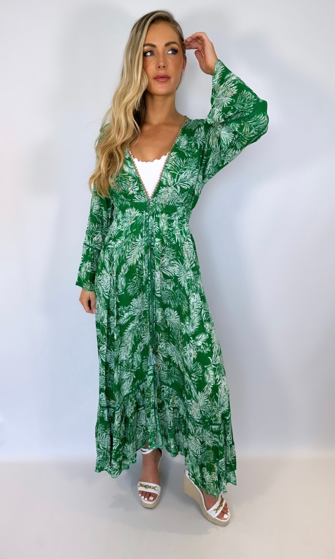 Female model wearing Lara Beaded Edge Kimono - Green- showcasing the latest ladies fashion with free delivery 