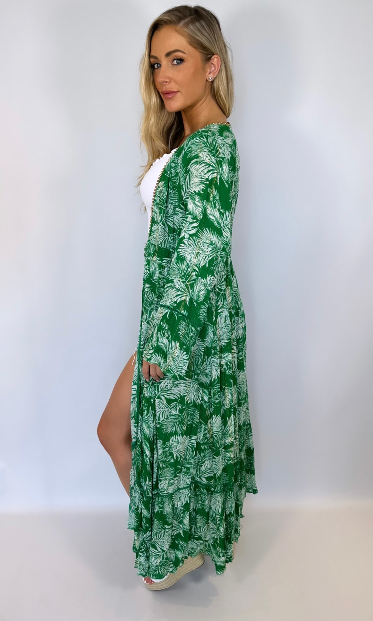 Female model wearing Lara Beaded Edge Kimono - Green- showcasing the latest ladies fashion with free delivery 