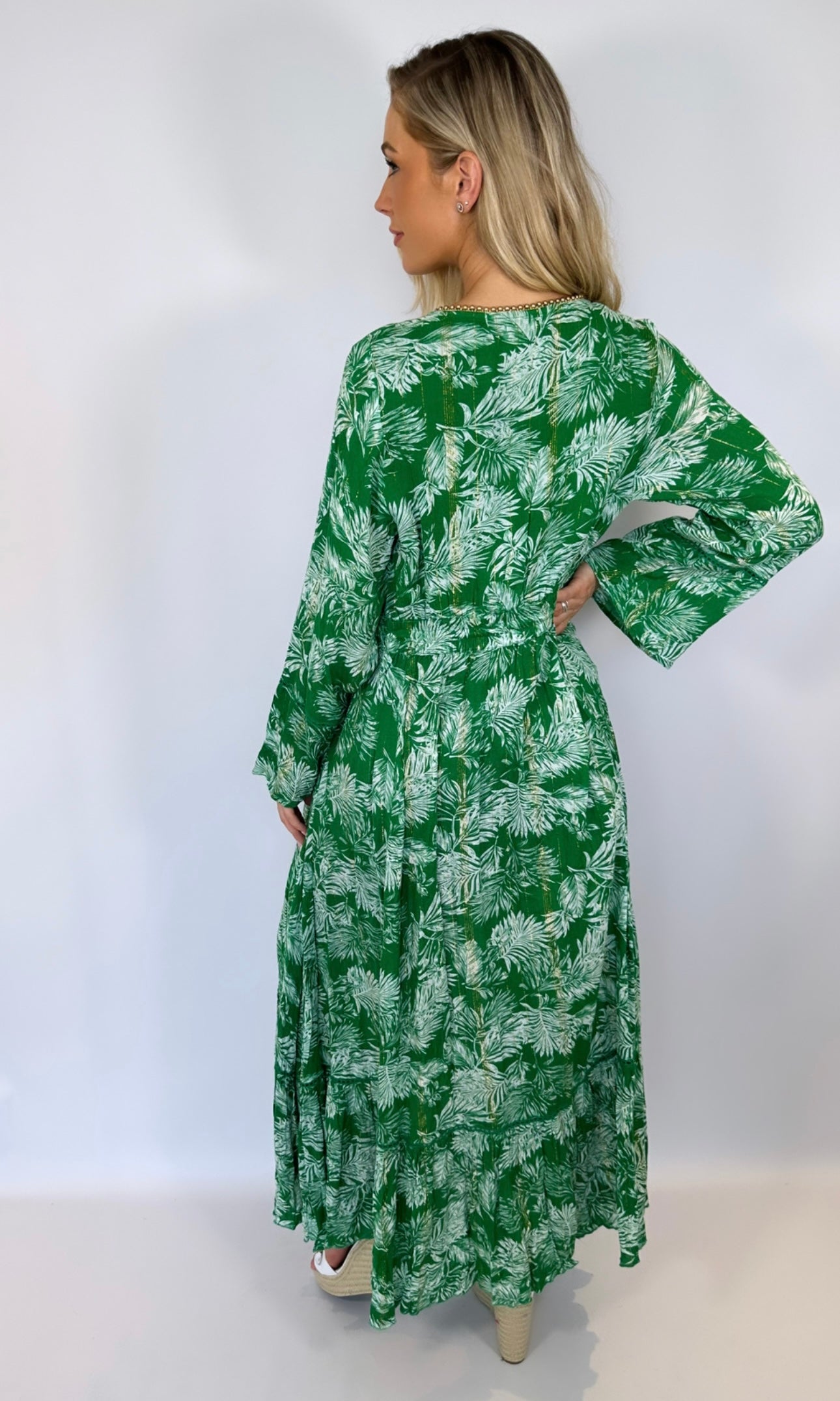 Female model wearing Lara Beaded Edge Kimono - Green- showcasing the latest ladies fashion with free delivery 