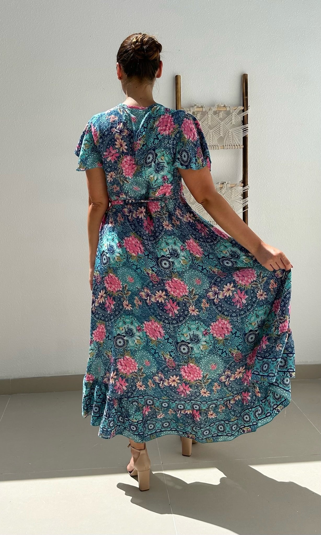 Female model wearing Maria Frill Wrap Maxi - Aqua / Pink- showcasing the latest ladies fashion with free delivery 