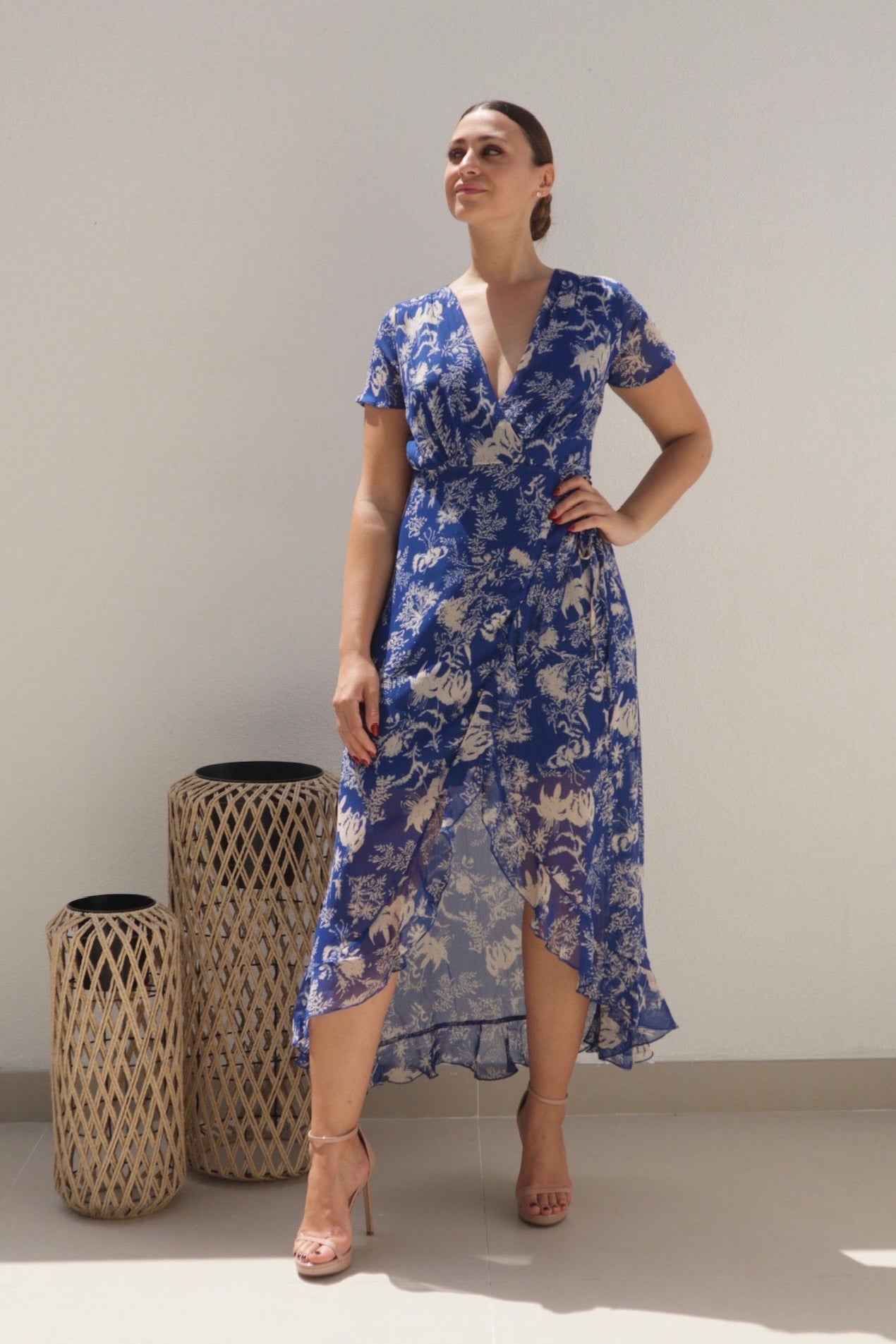 Female model wearing Madeline Wrap Frill Dress - Royal Blue- showcasing the latest ladies fashion with free delivery 