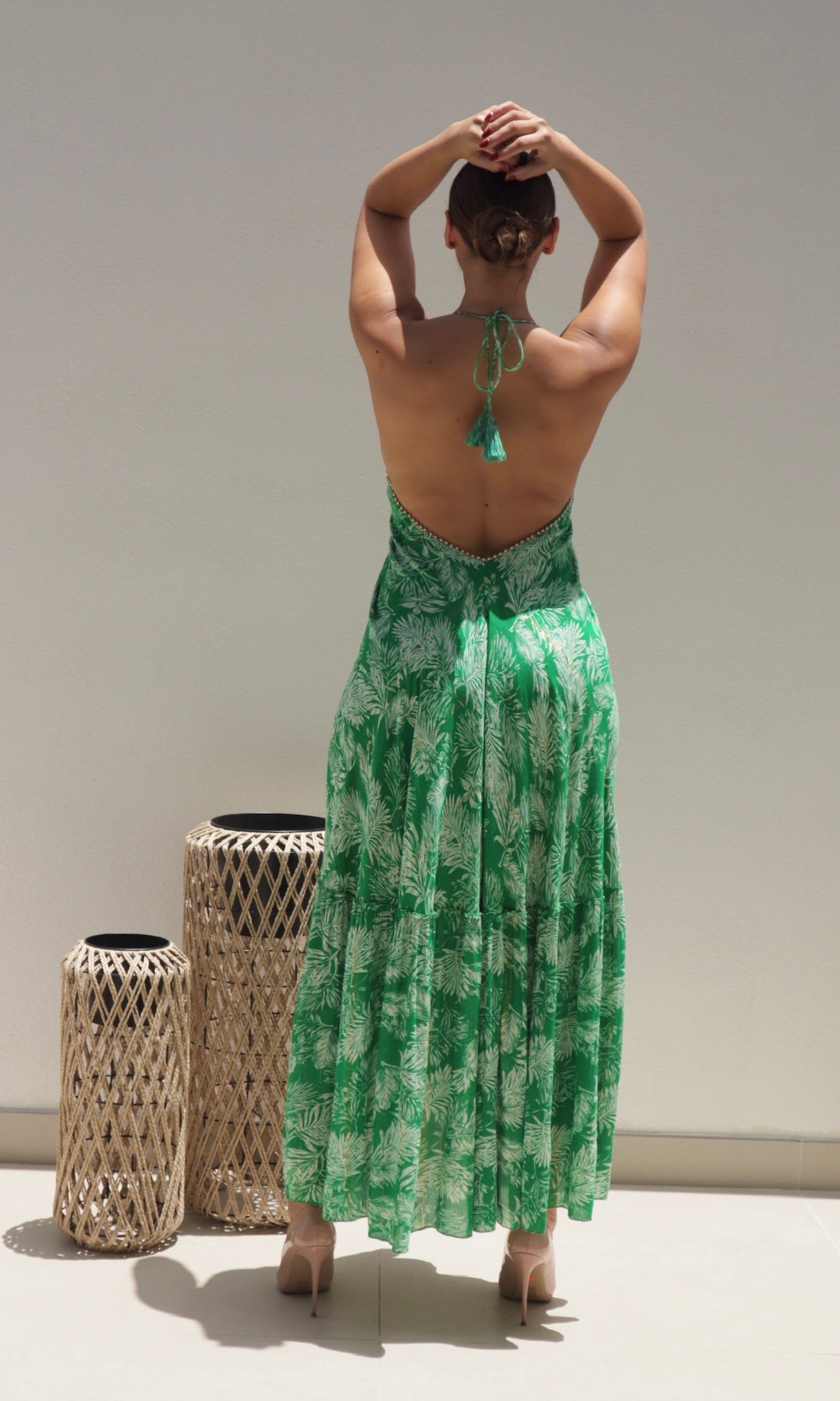 Female model wearing Felicity Beaded Halter Dress - Green- showcasing the latest ladies fashion with free delivery 