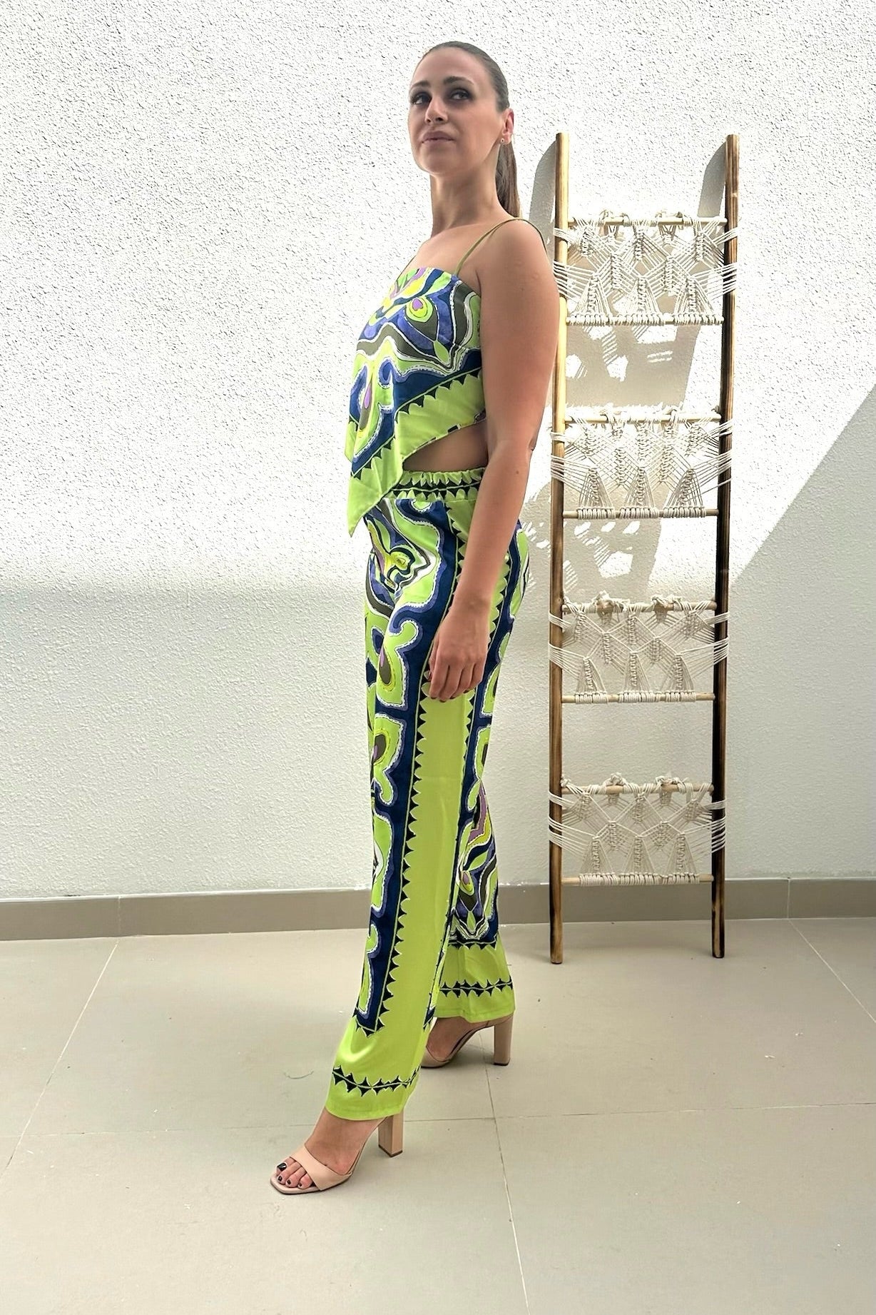 Female model wearing Kira Co-ord - Lime- showcasing the latest ladies fashion with free delivery 