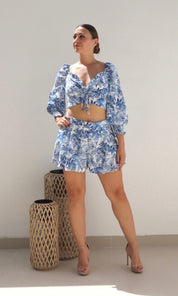 Female model wearing Fern Co-ord - Blue- showcasing the latest ladies fashion with free delivery 