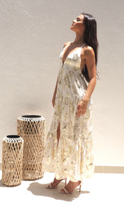 Female model wearing Sahara Cross Back Maxi Dress - Cream / Gold- showcasing the latest ladies fashion with free delivery 