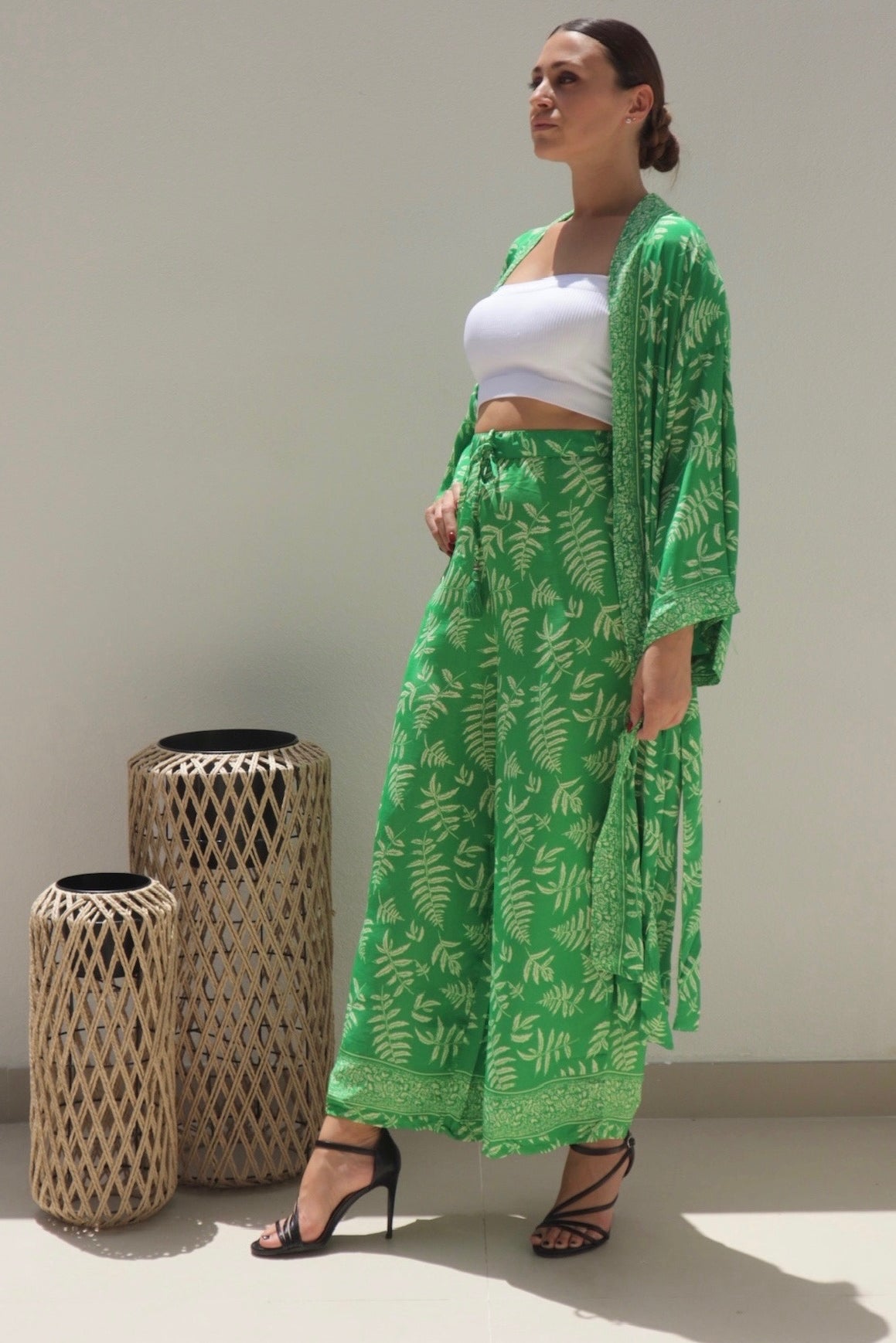 Female model wearing Octavia Kimono Co-ord - Green- showcasing the latest ladies fashion with free delivery 