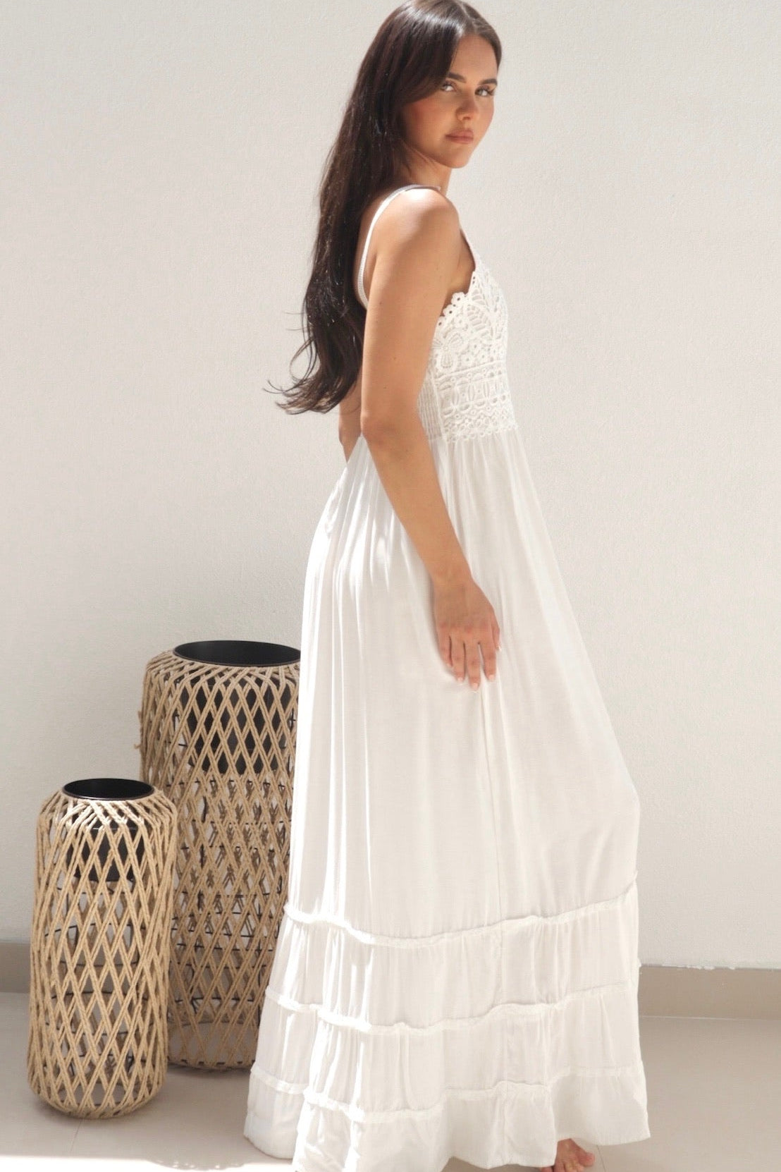 Female model wearing Abigail Lace Maxi Dress - White- showcasing the latest ladies fashion with free delivery 