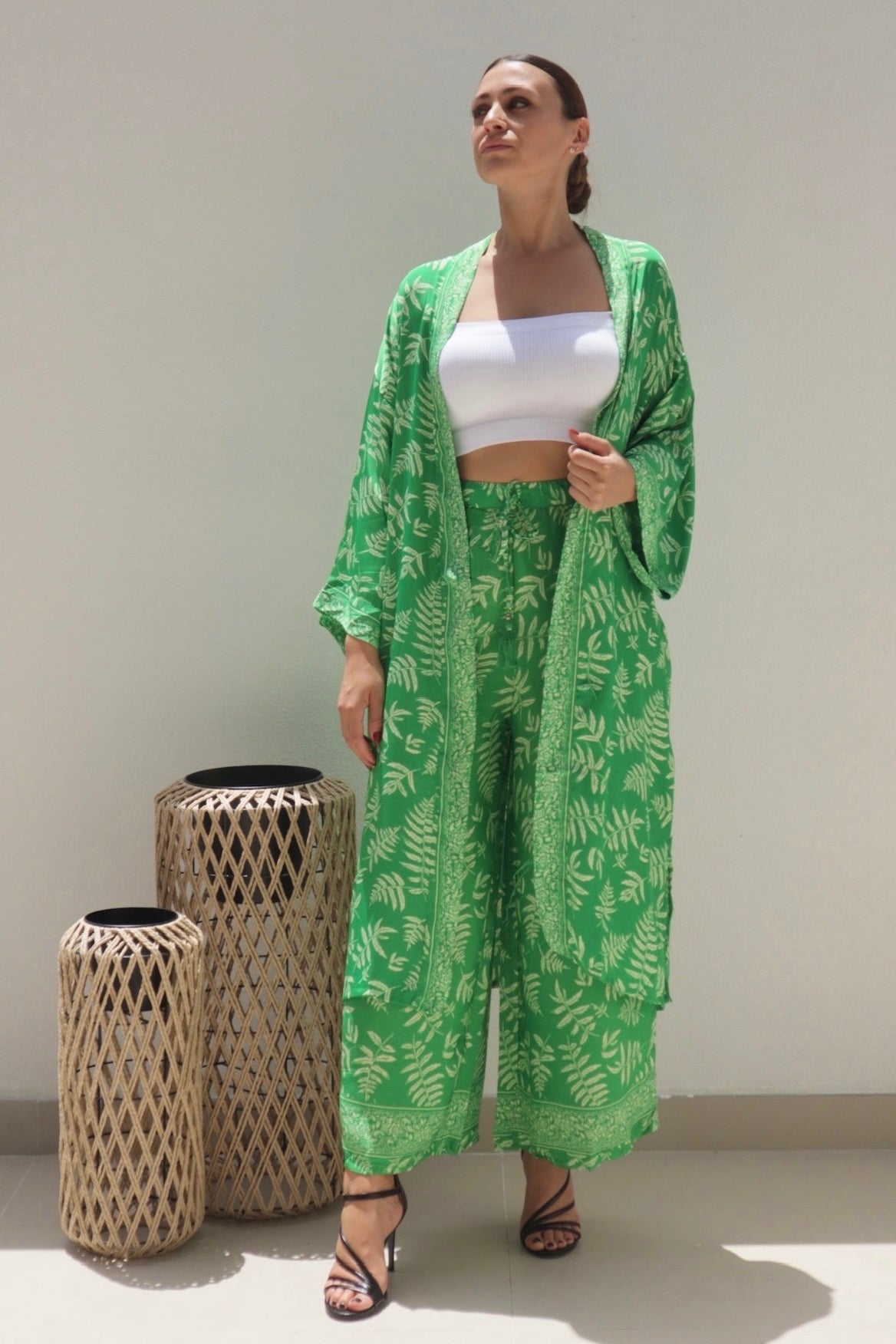 Female model wearing Octavia Kimono Co-ord - Green- showcasing the latest ladies fashion with free delivery 