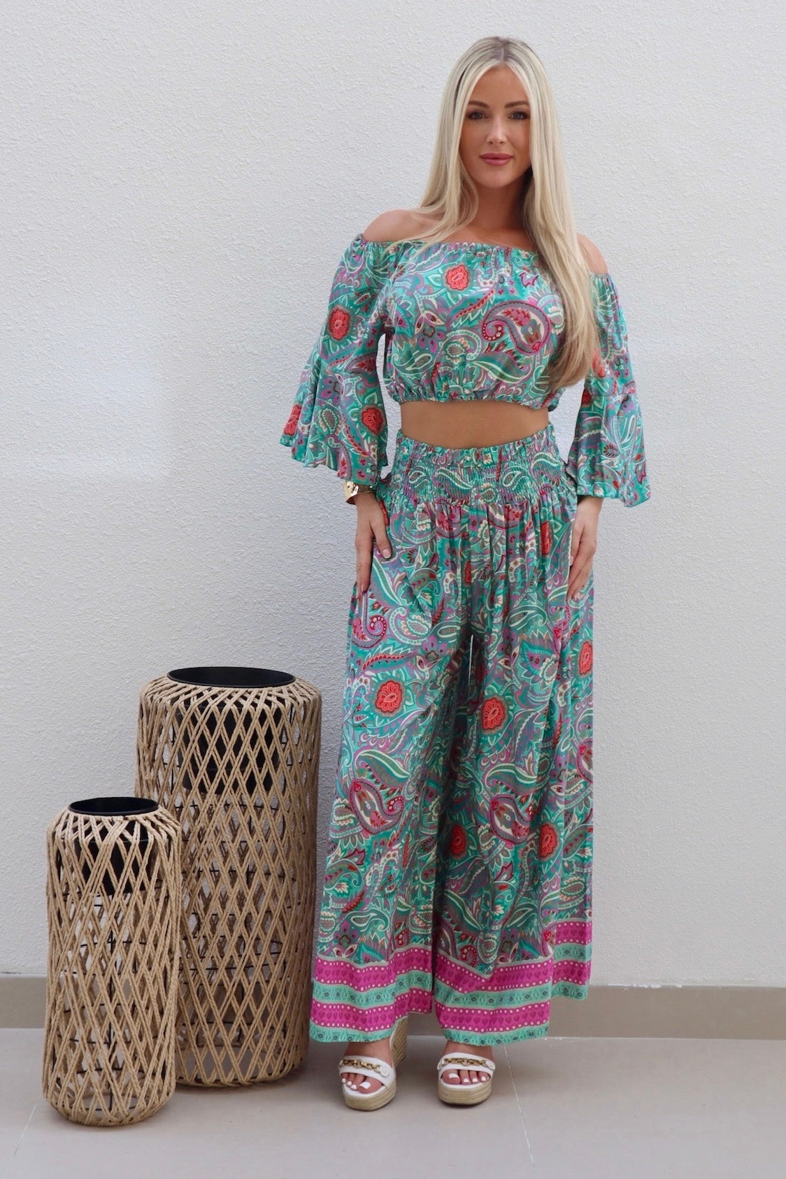 Female model wearing Eliza Co-ord - Green- showcasing the latest ladies fashion with free delivery 