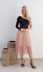 Female model wearing Sophie Pleat Shimmer Skirt - Pink- showcasing the latest ladies fashion with free delivery 