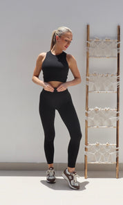 Female model wearing Beve Leggings and Sport Bra Set - Black- showcasing the latest ladies fashion with free delivery 