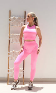 Female model wearing Beve Leggings and Sport Bra Set - Pink- showcasing the latest ladies fashion with free delivery 