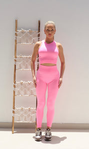 Female model wearing Beve Leggings and Sport Bra Set - Pink- showcasing the latest ladies fashion with free delivery 