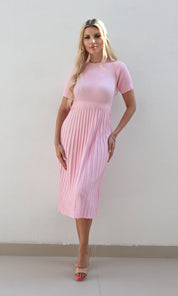 Female model wearing Carla knitted pleat Dress - Pink- showcasing the latest ladies fashion with free delivery 