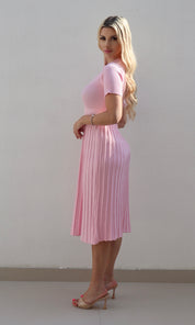 Female model wearing Carla knitted pleat Dress - Pink- showcasing the latest ladies fashion with free delivery 