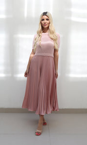 Female model wearing Nora Satin Pleat Dress - Pink- showcasing the latest ladies fashion with free delivery 