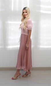 Female model wearing Nora Satin Pleat Dress - Pink- showcasing the latest ladies fashion with free delivery 