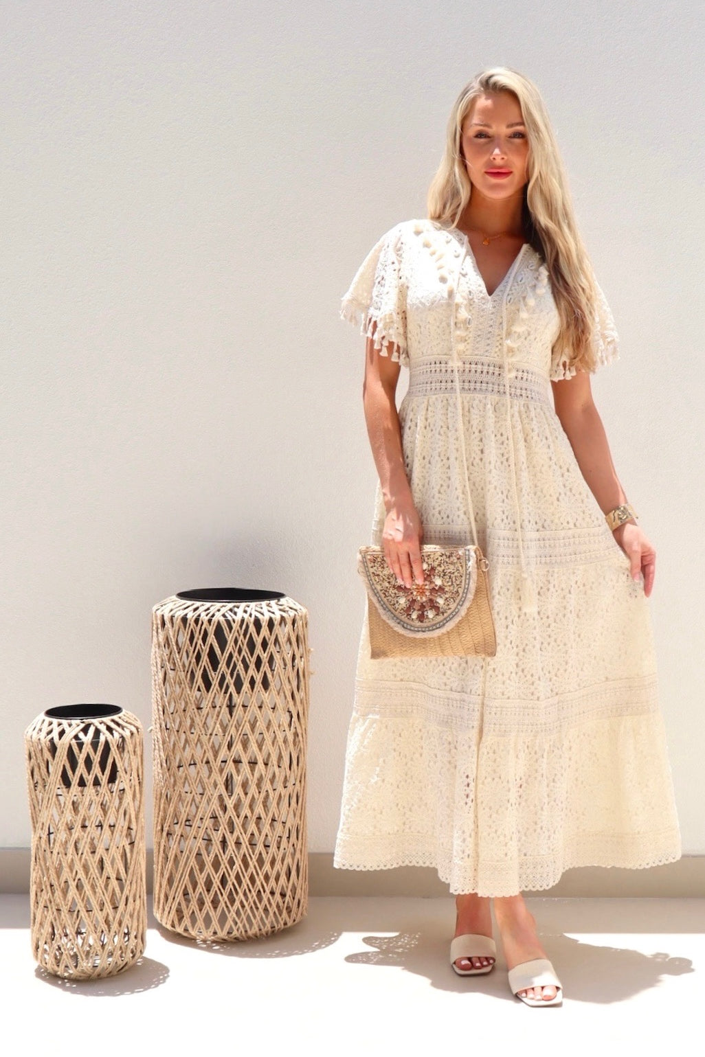 Female model wearing Eloisa Crochet Maxi Dress - Cream- showcasing the latest ladies fashion with free delivery 