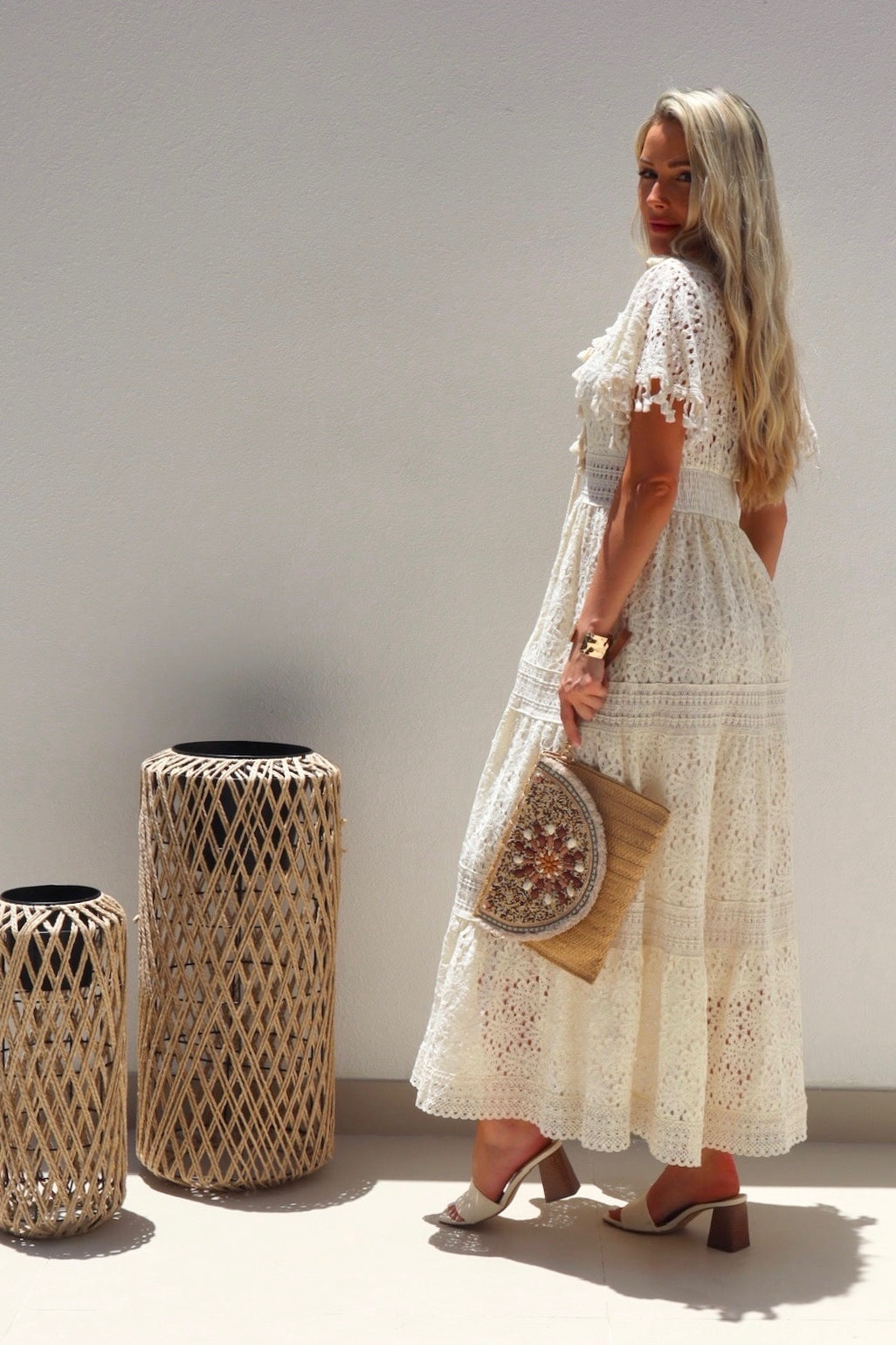 Female model wearing Eloisa Crochet Maxi Dress - Cream- showcasing the latest ladies fashion with free delivery 