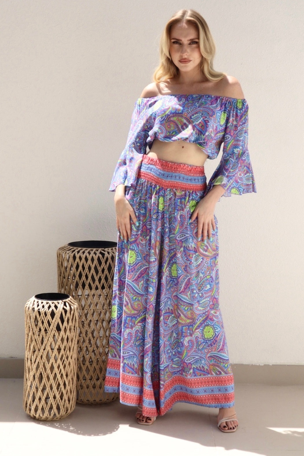 Female model wearing Eliza Co-ord - Blue- showcasing the latest ladies fashion with free delivery 