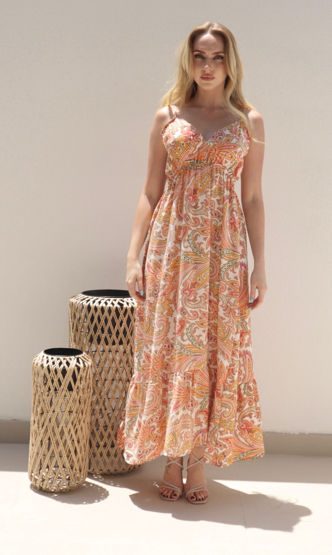 Female model wearing Scarlett Paisley Maxi - Orange- showcasing the latest ladies fashion with free delivery 