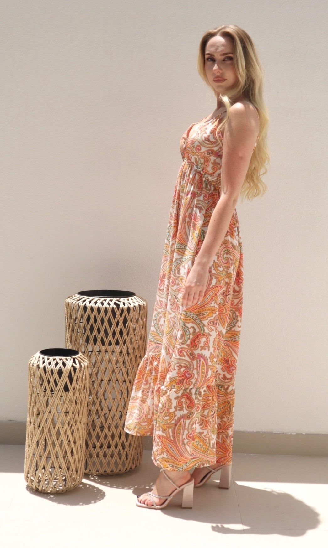 Female model wearing Scarlett Paisley Maxi - Orange- showcasing the latest ladies fashion with free delivery 