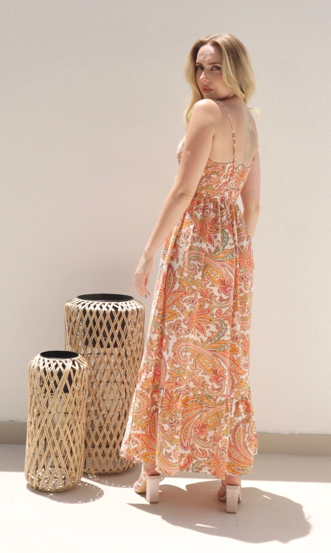 Female model wearing Scarlett Paisley Maxi - Orange- showcasing the latest ladies fashion with free delivery 